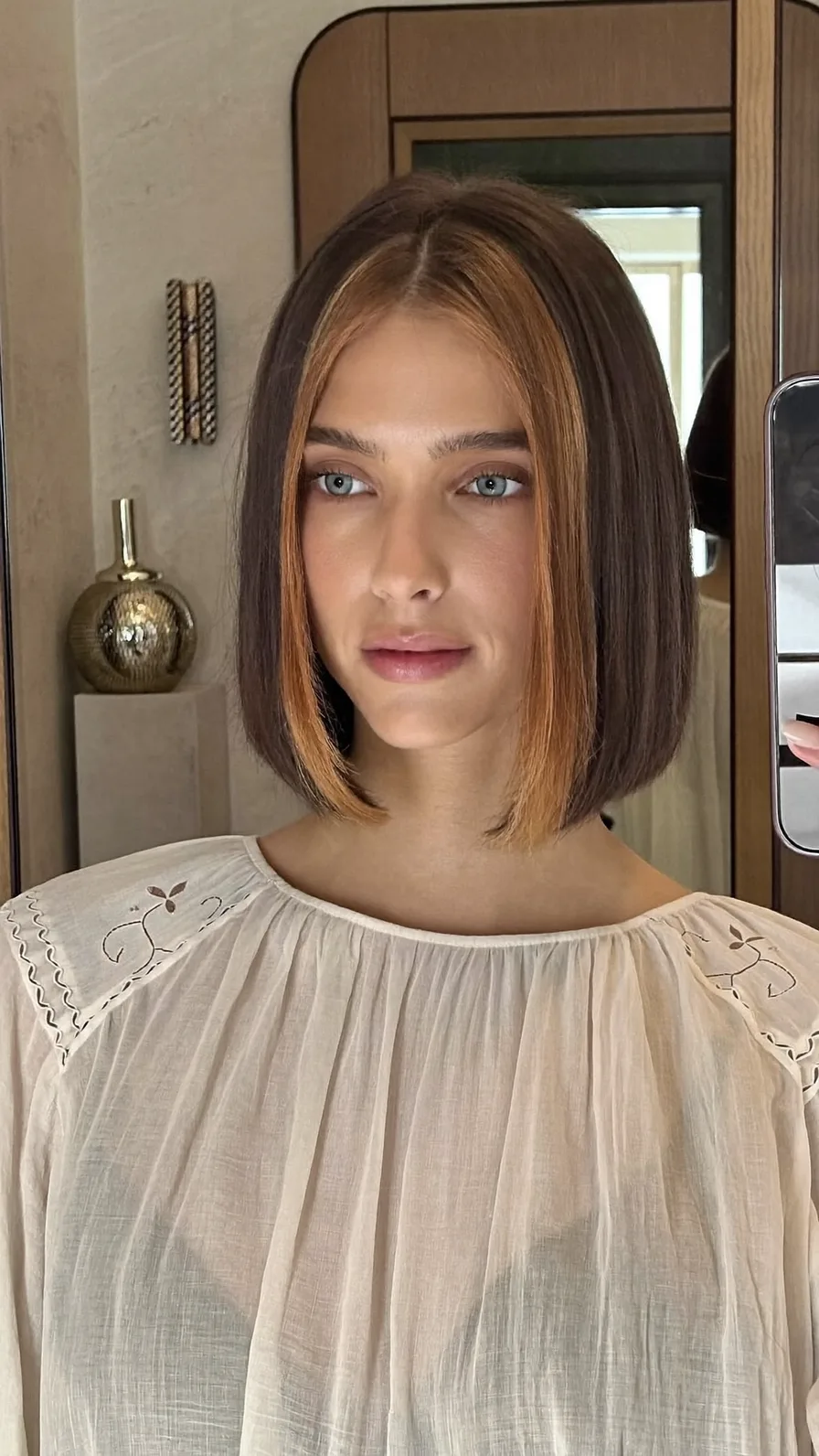 Chic Blunt Bob with Caramel Money Piece Face-Framing Highlights