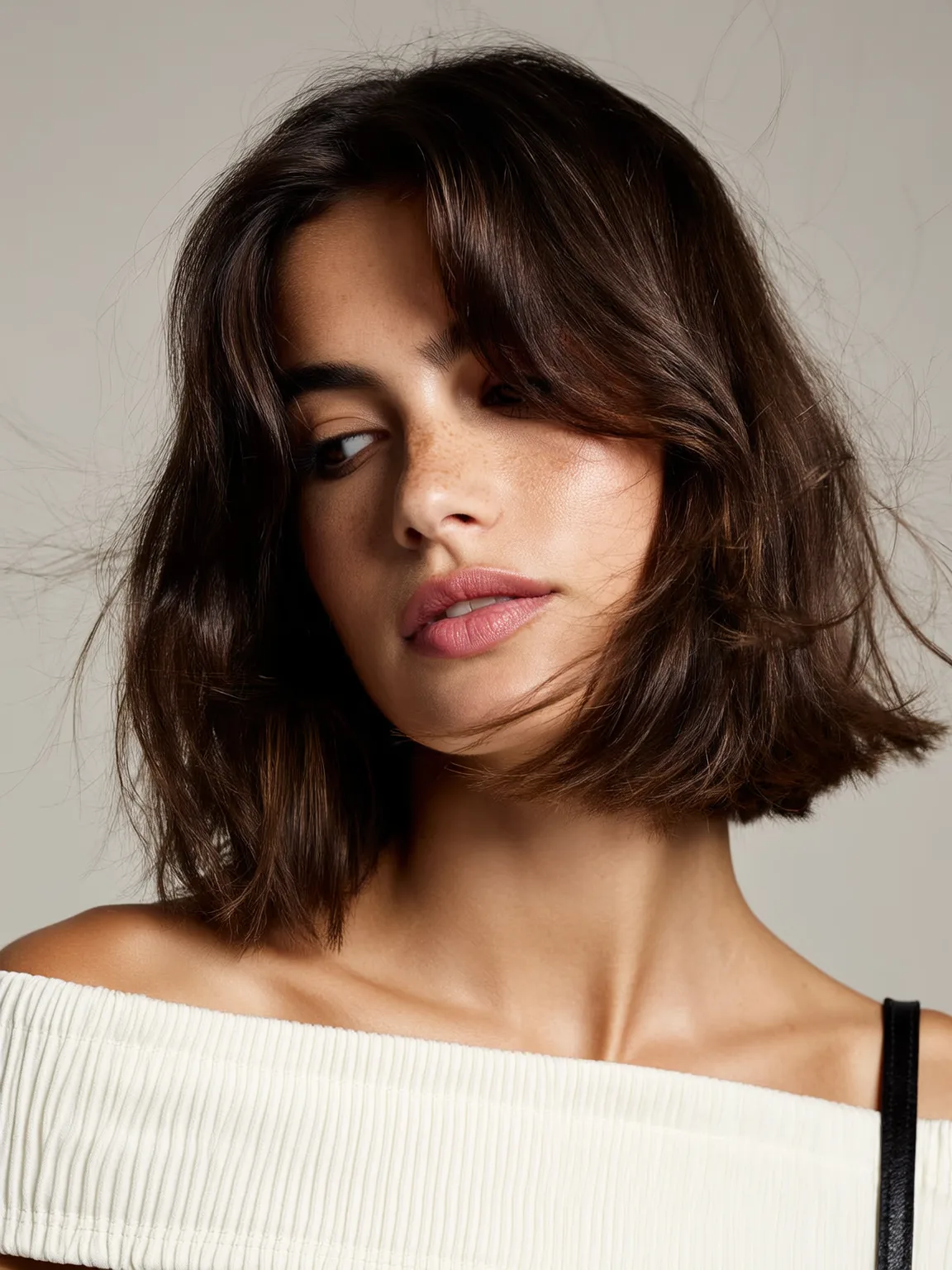 Chin-Length Wavy Bob with Curtain Bangs in Chocolate Brown
