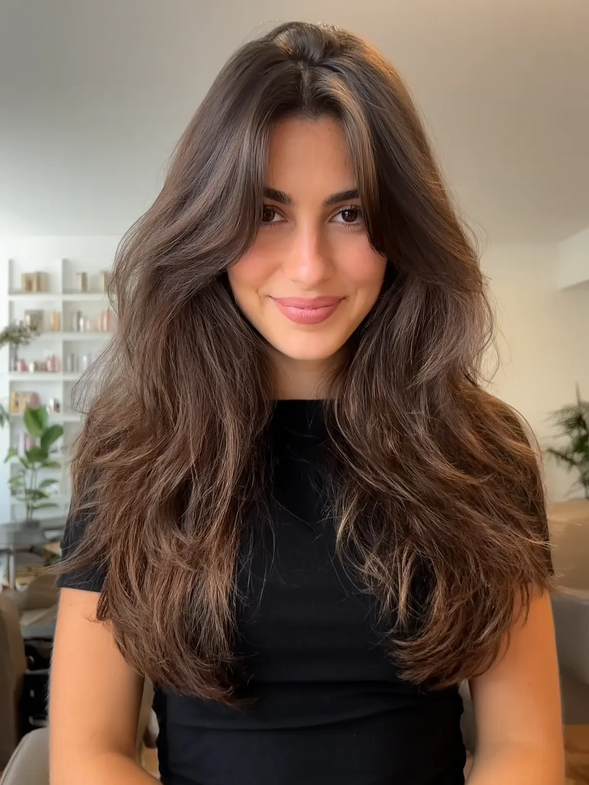 Long Layered Waves with Curtain Bangs in Chocolate Brown