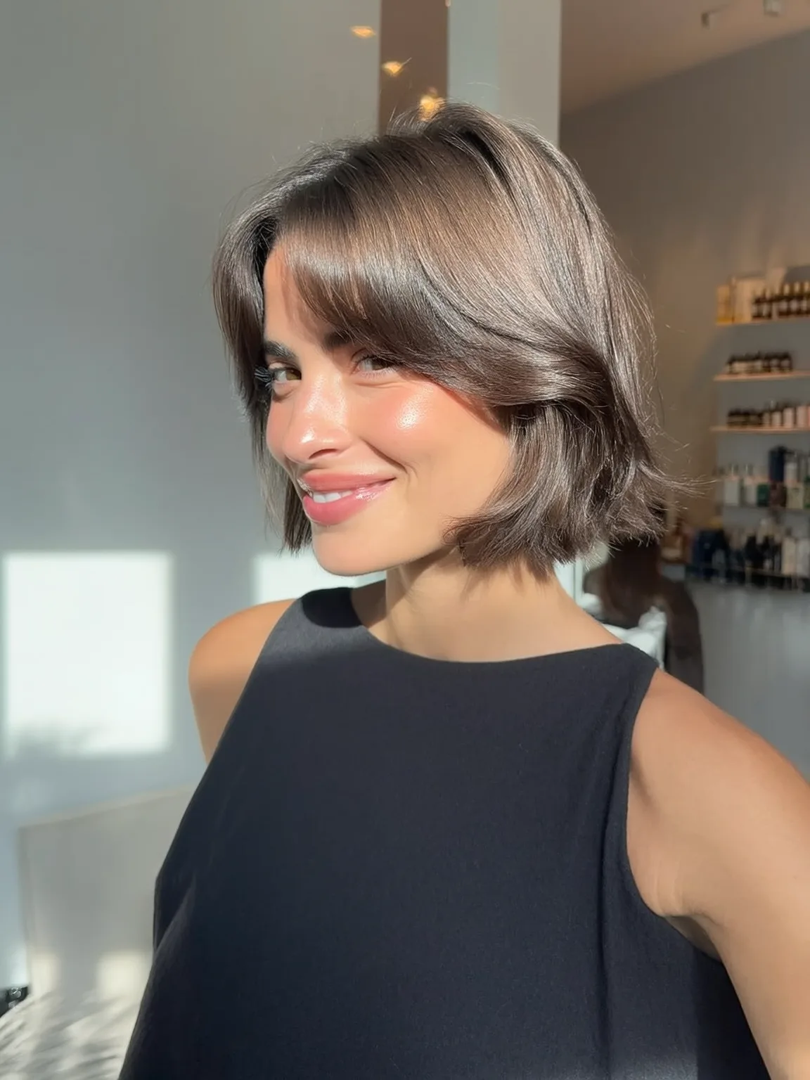 Chin-Length Bob with Curtain Bangs in Warm Chocolate Brown