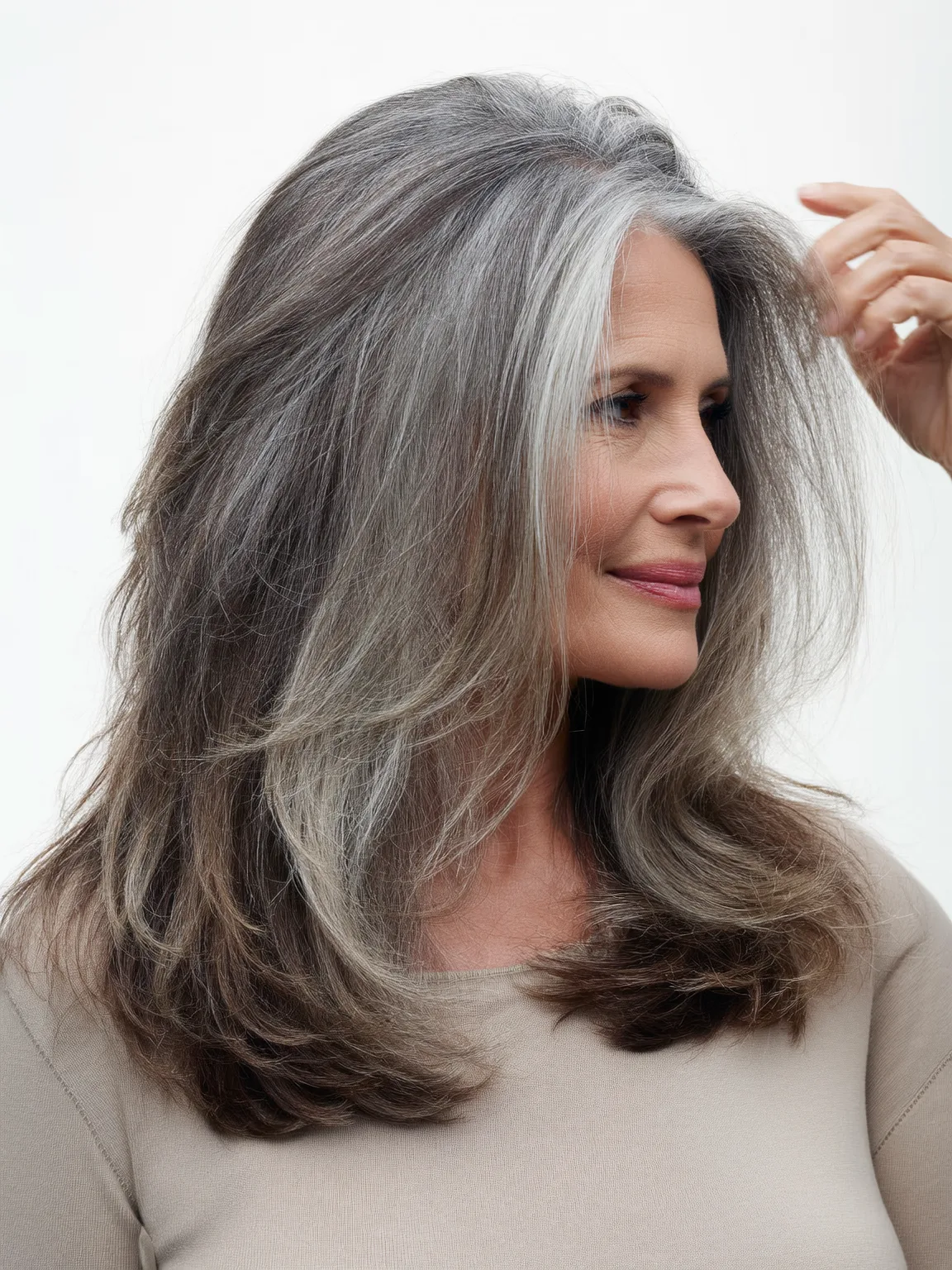 Long Wavy Silver Gray with Chocolate Brown Lowlights
