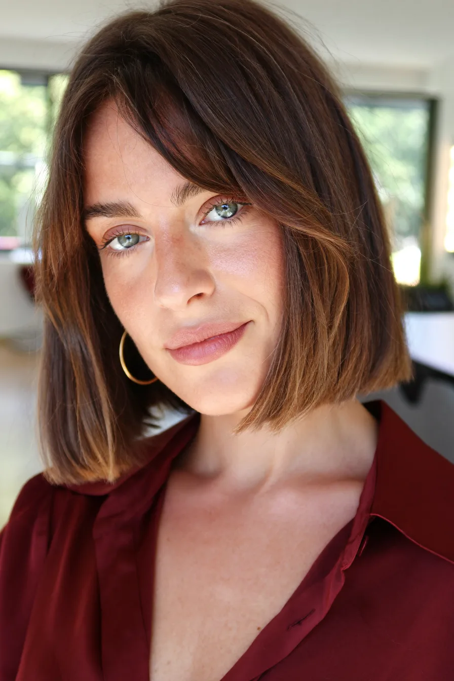 Classic Blunt Bob with Soft Bangs in Chocolate Brown Hue