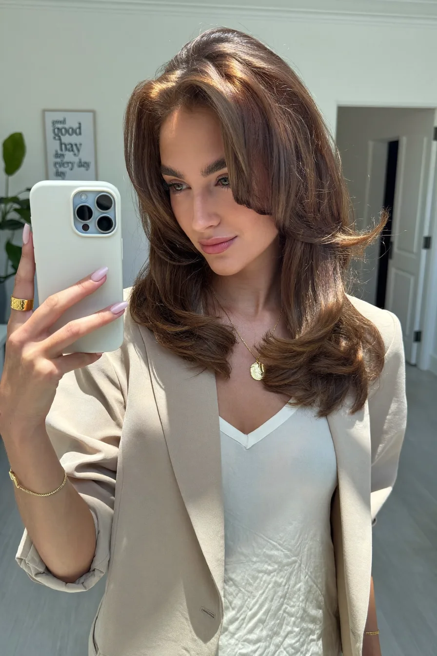 Layered Voluminous Blowout for Mid-Length Chocolate Brown Hair