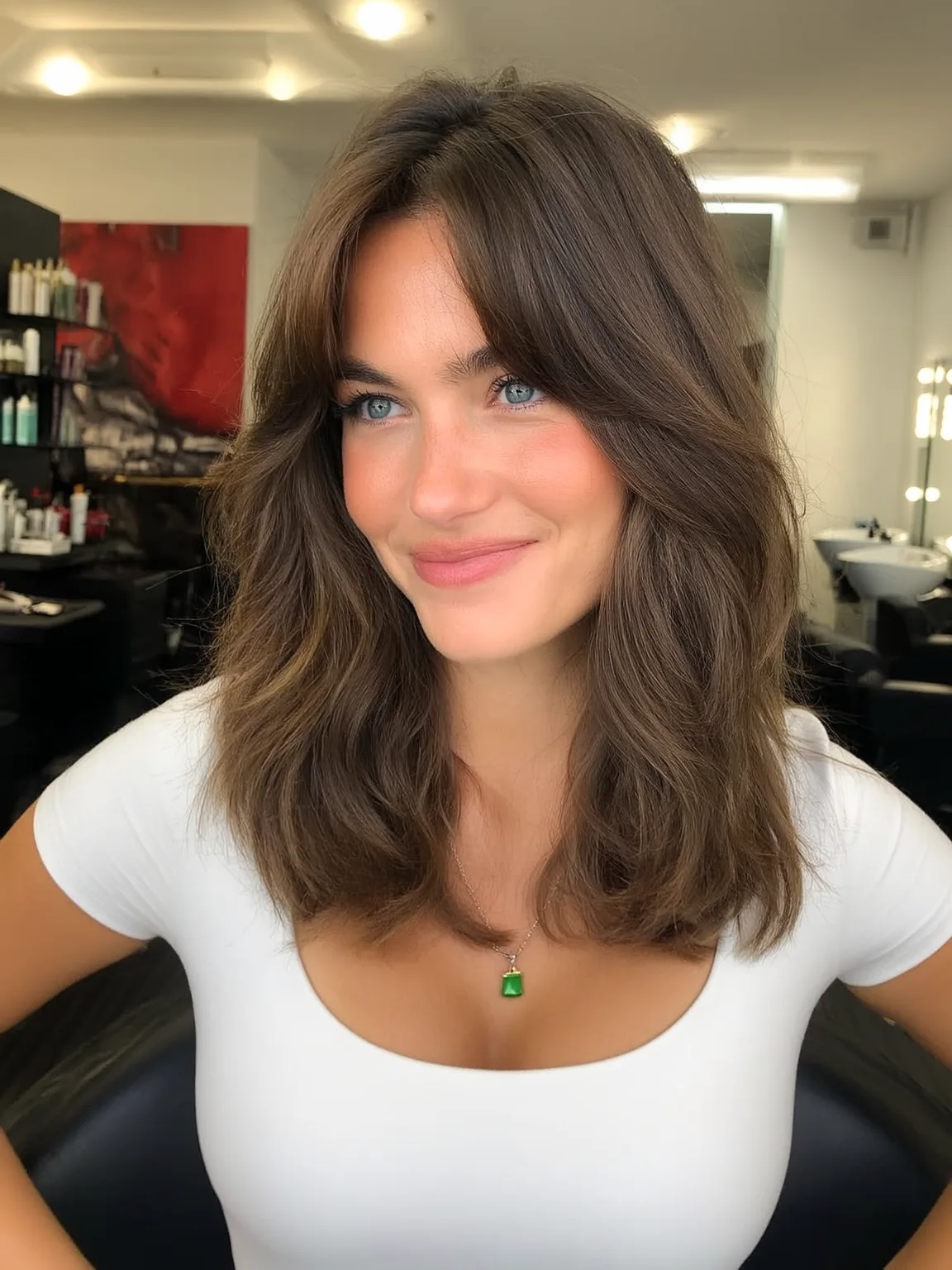 Wavy Shoulder-Length Layers with Curtain Bangs