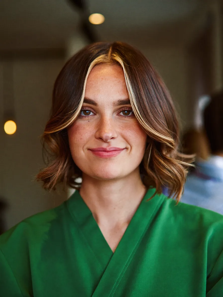 Chin-Length Wavy Lob with Honey Blonde Money-Piece Highlights