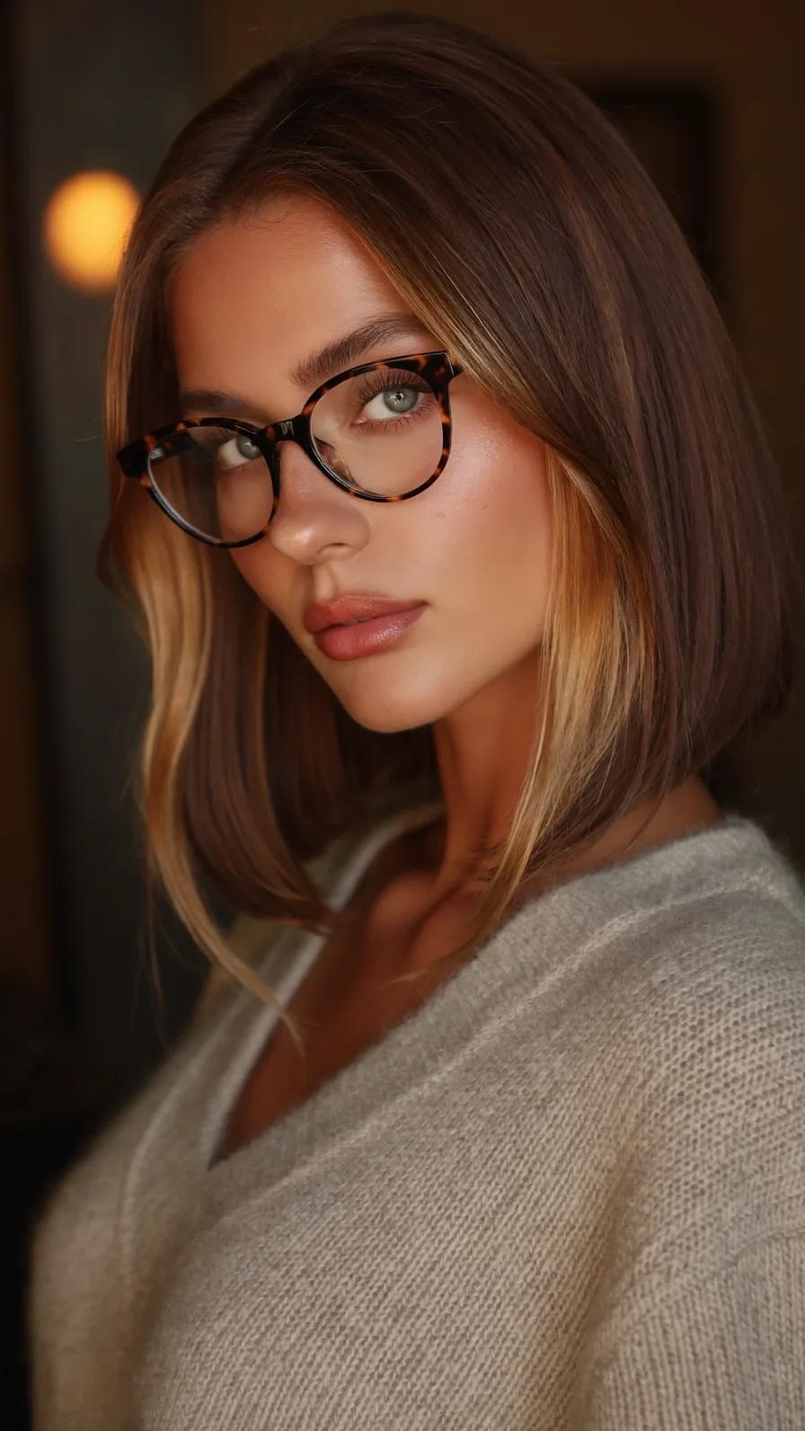 Sleek Chocolate Brown Lob with Honey Blonde Money Piece Highlights