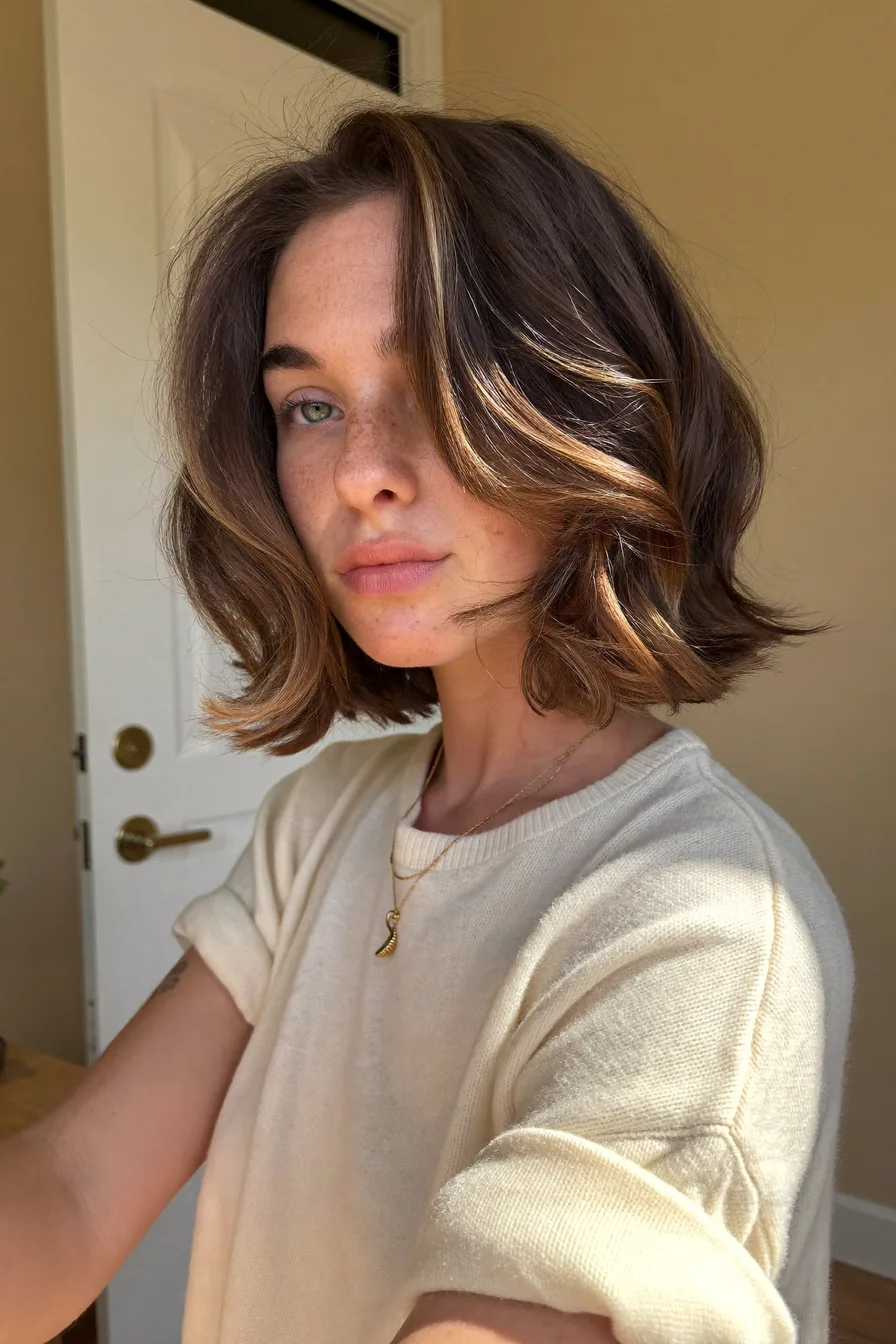 Modern Voluminous Layered Lob with Warm Caramel Balayage Highlights