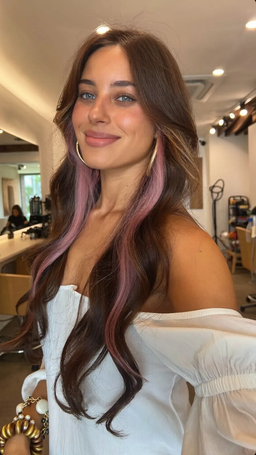 Long Wavy Layers with Center-Parted Pink Money-Piece Highlights