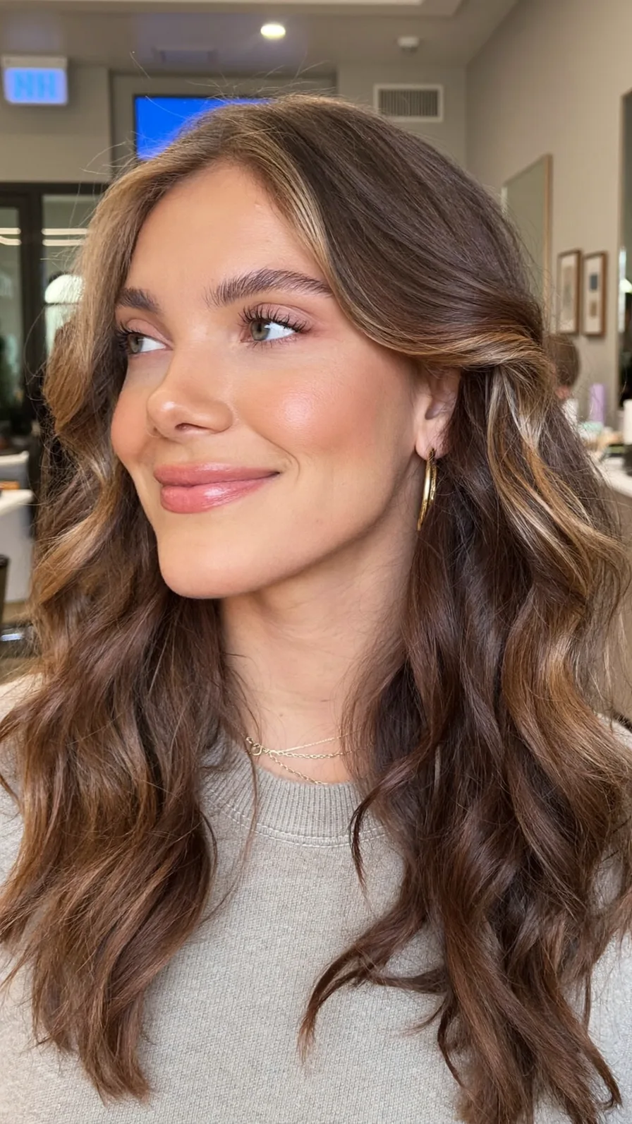 Long Wavy Layers with Money-Piece Highlight Curtain Bangs