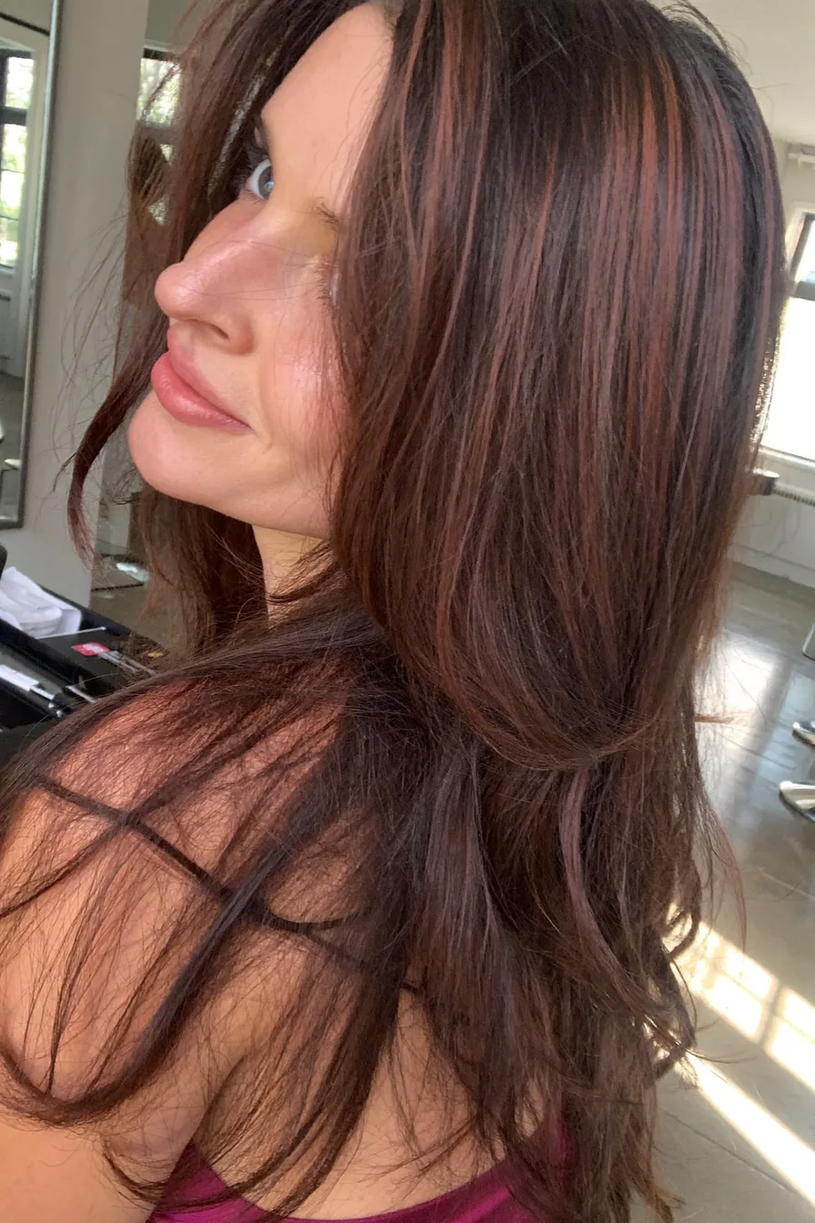 Long Layered Chocolate Brown Hair with Soft Curtain Bangs