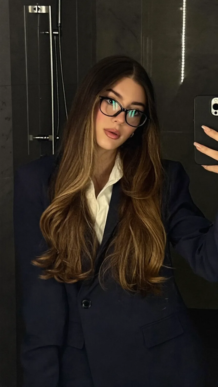 Long Layered Chocolate Brown Hair with Caramel Balayage Highlights