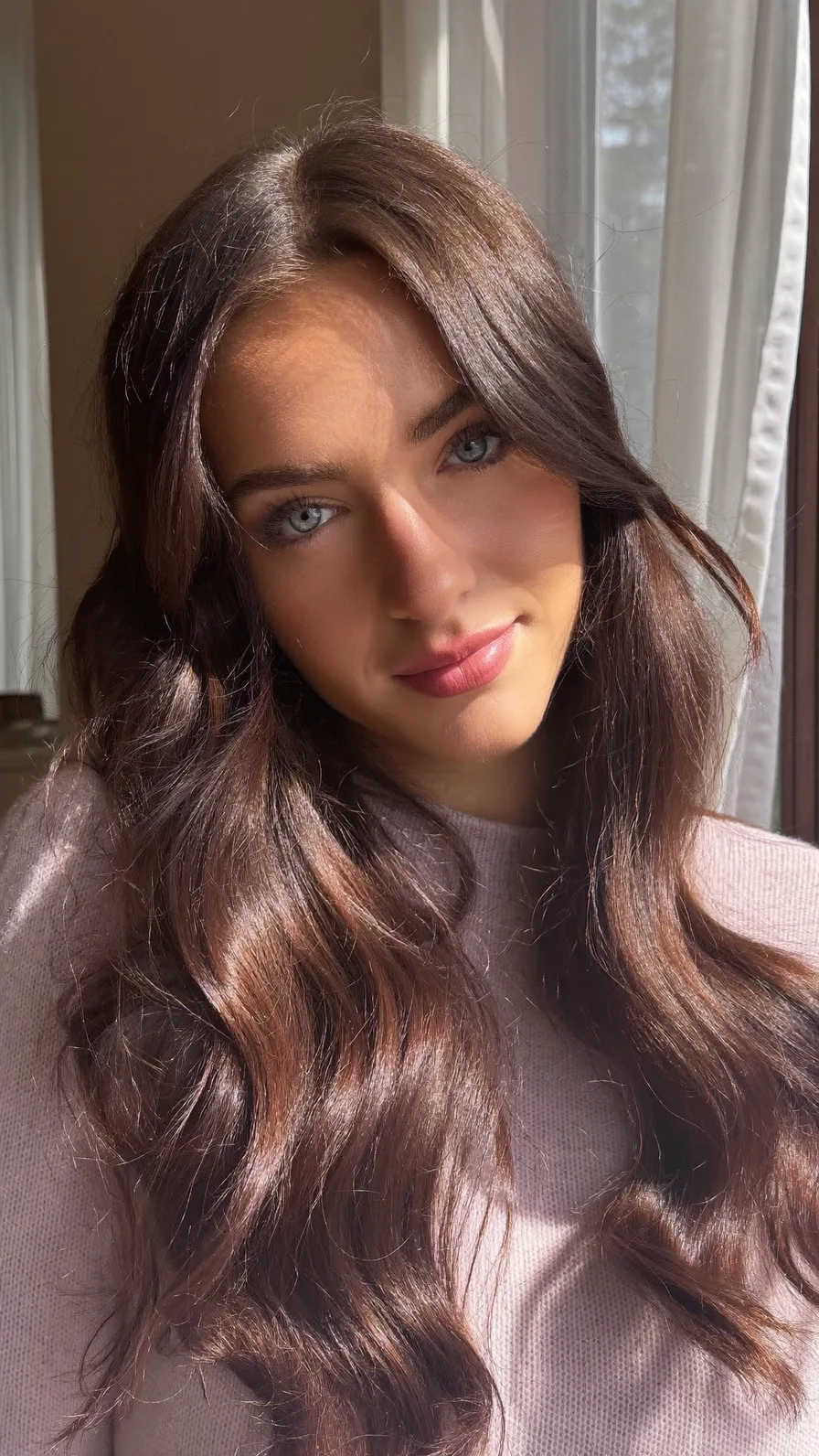 Long Chocolate Brown Hair with Soft Curtain Bangs and Layers