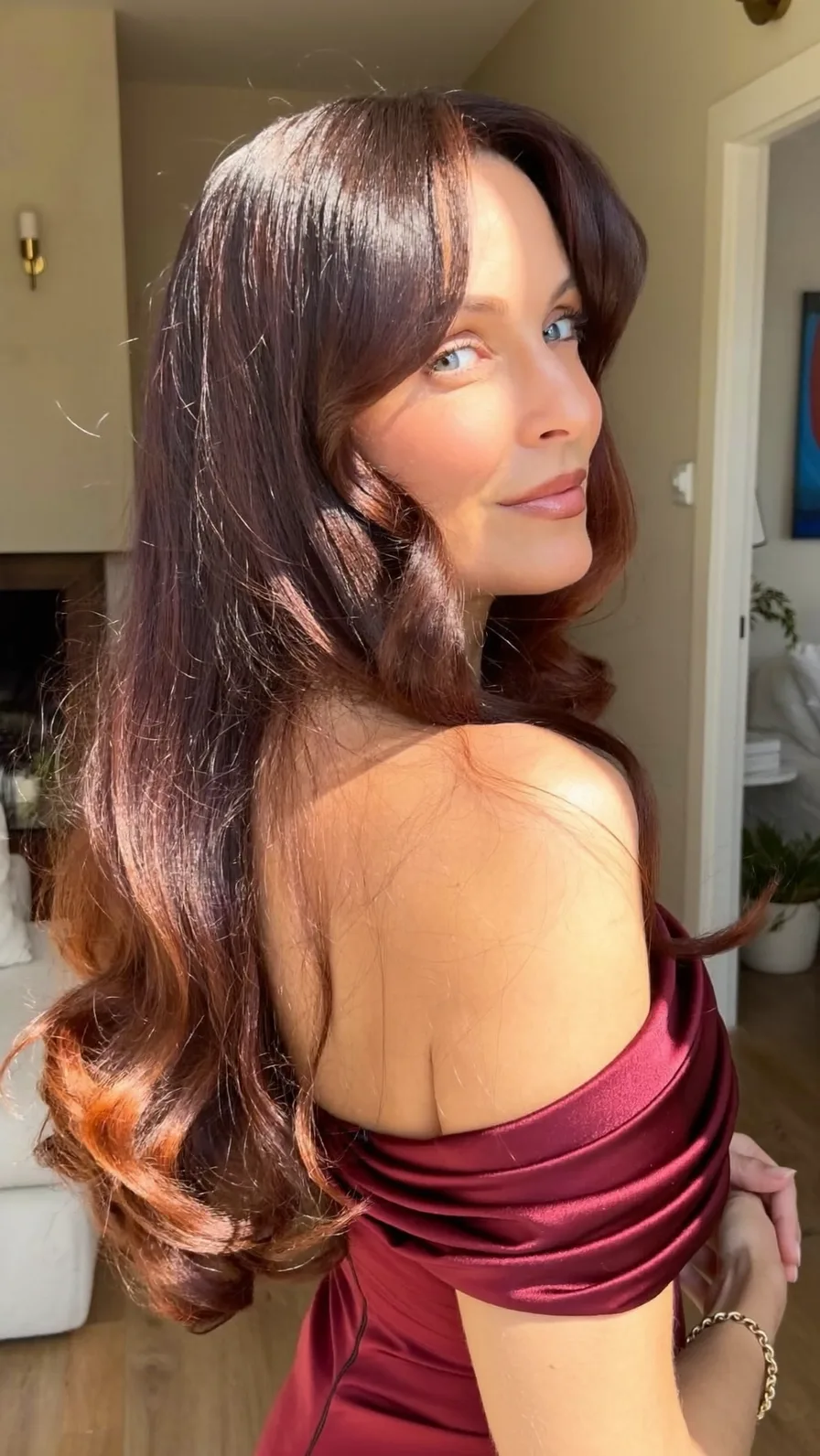 Elegant Long Layers with Voluminous Soft Curtain Bangs