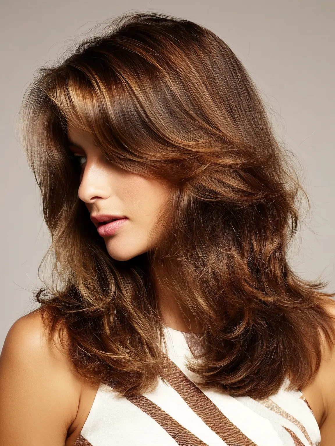 Voluminous Wavy Layers with Caramel Highlights and Side-Swept Bangs