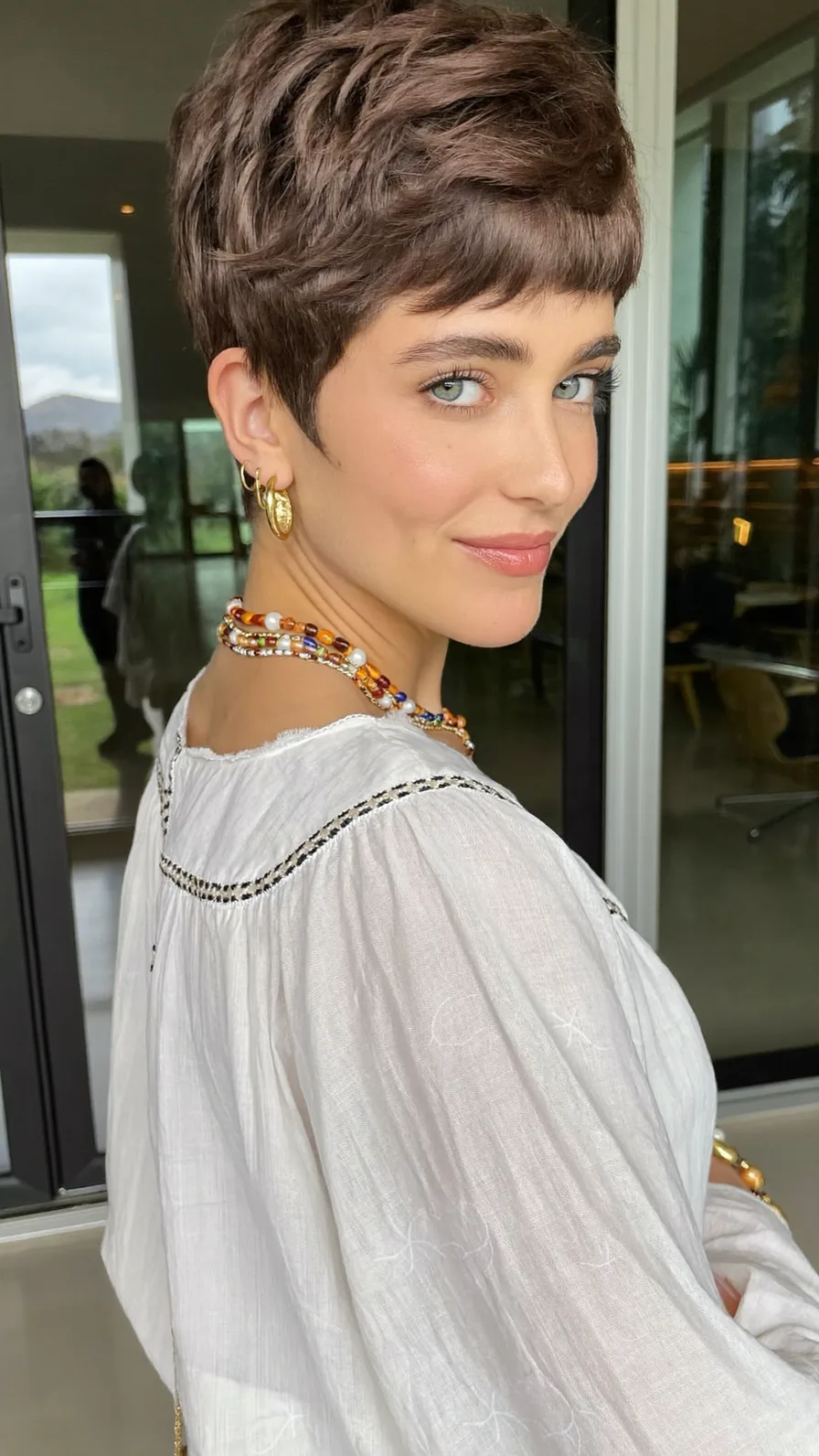 Textured Chocolate Brown Pixie with Micro Bangs
