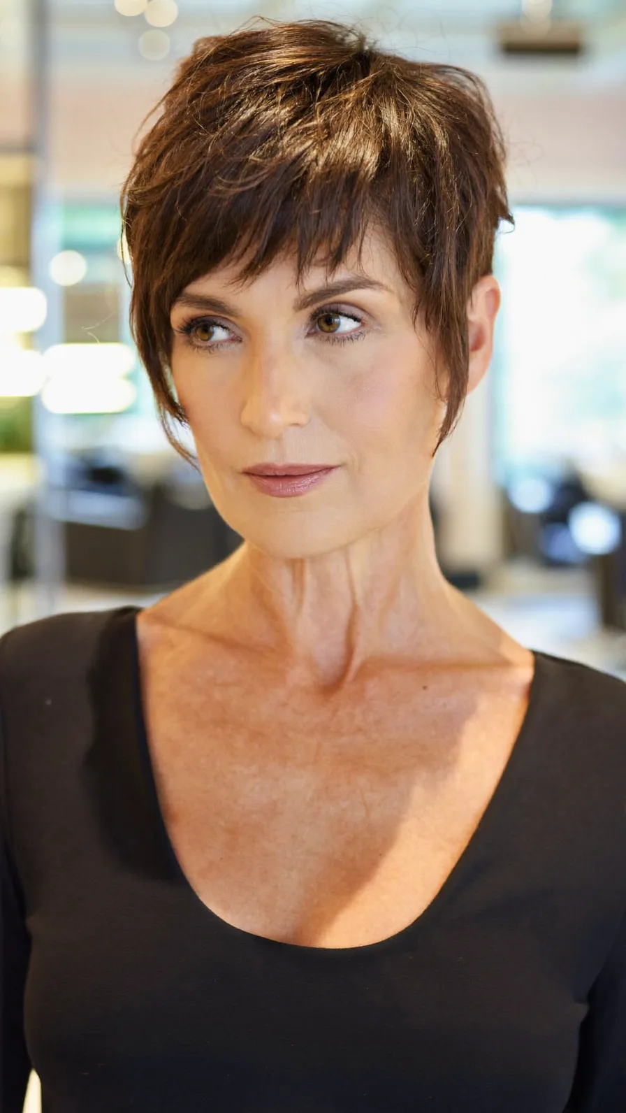 Textured Chocolate Brown Pixie with Choppy Wispy Bangs