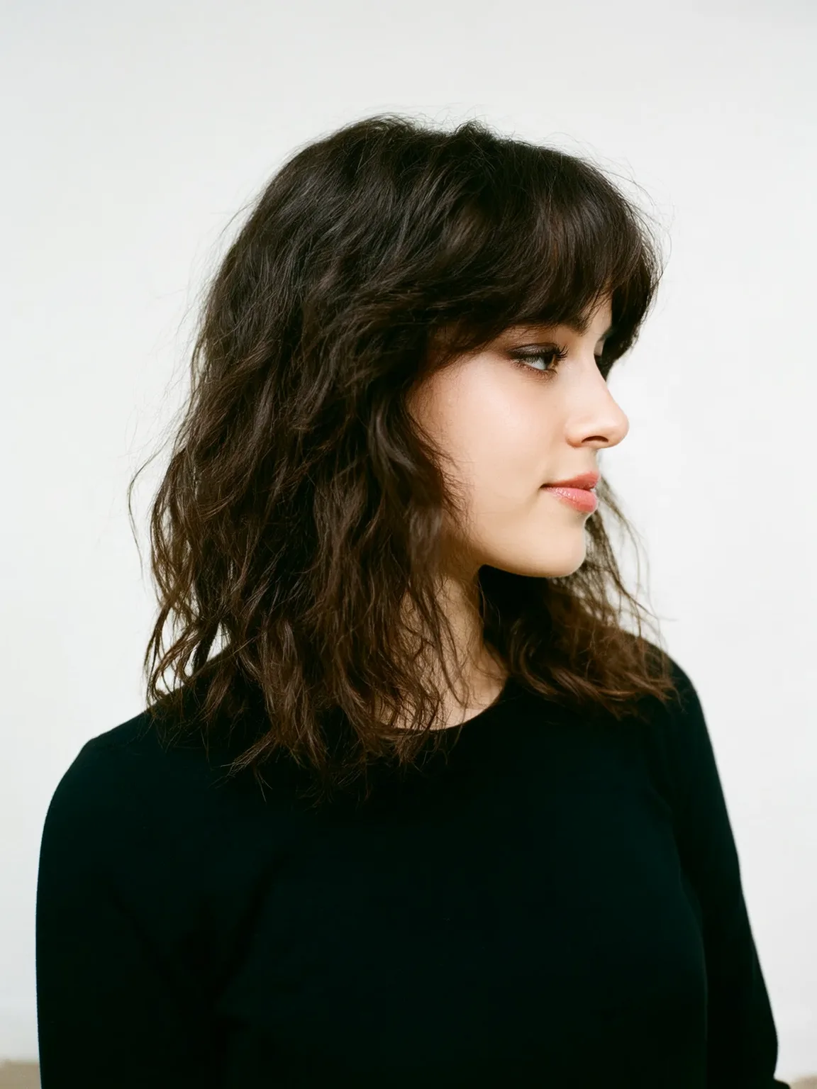 Oval Face Shag with Blunt Bangs in Chocolate Brown
