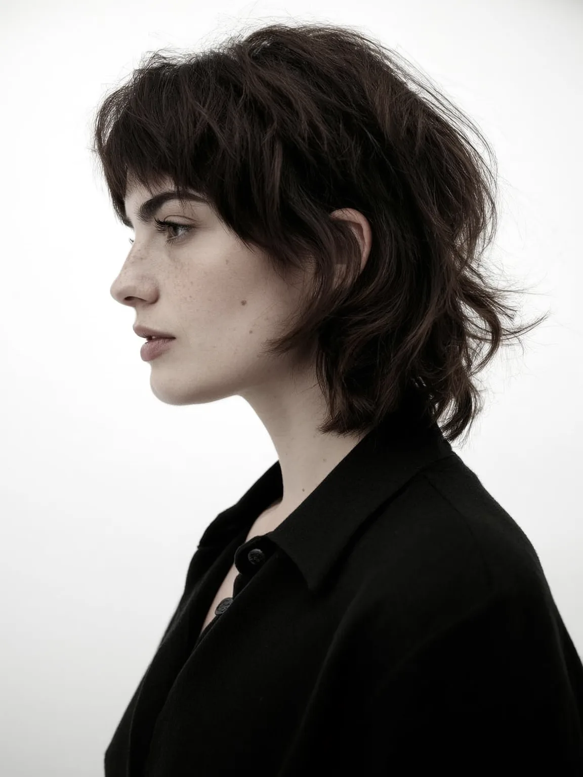 Curly Shoulder-Length Shag with Blunt Bangs in Rich Chocolate
