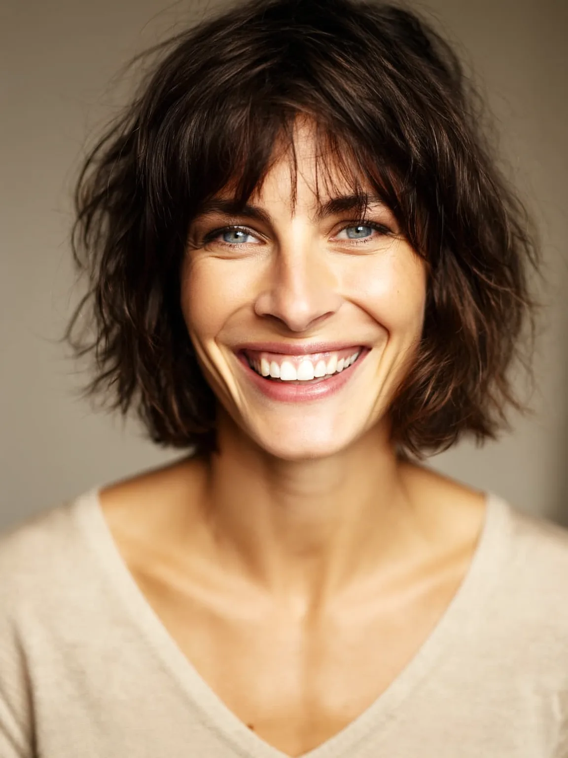 Heart-Flattering Layered Shag with Curtain Bangs in Chocolate