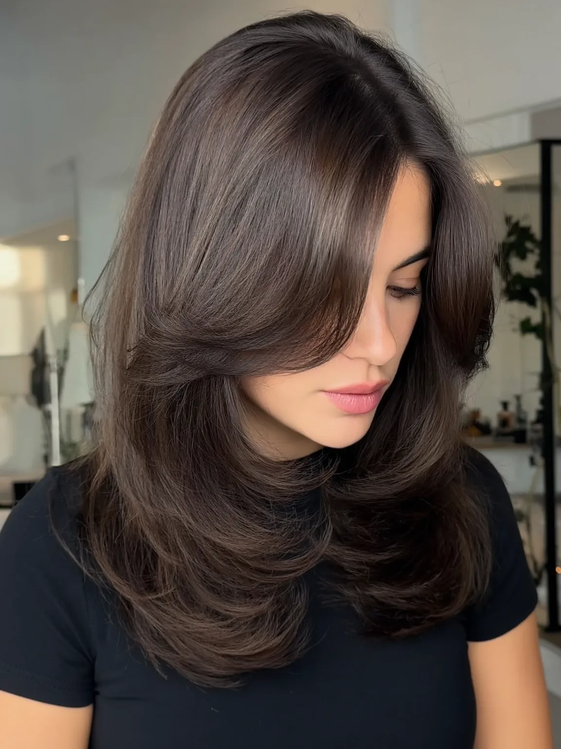 Medium-Length Layered Cut with Long Bangs