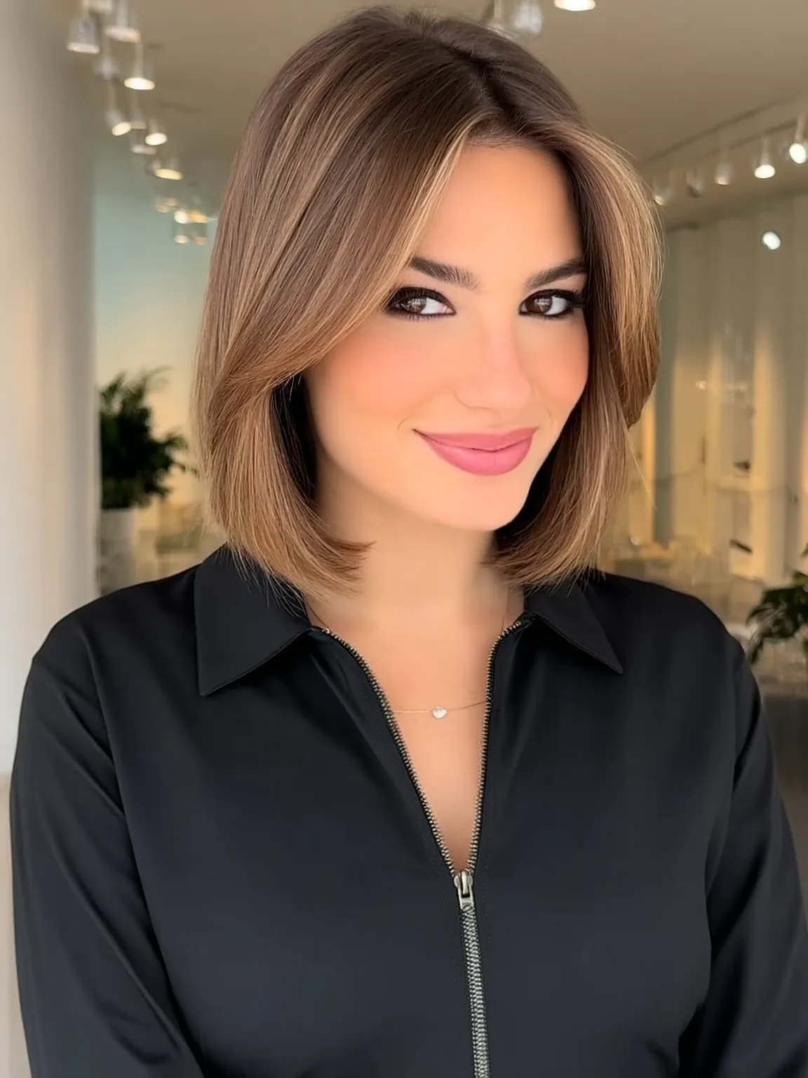 Chin-Length Warm Chocolate Brown Bob with Side-Swept Bangs