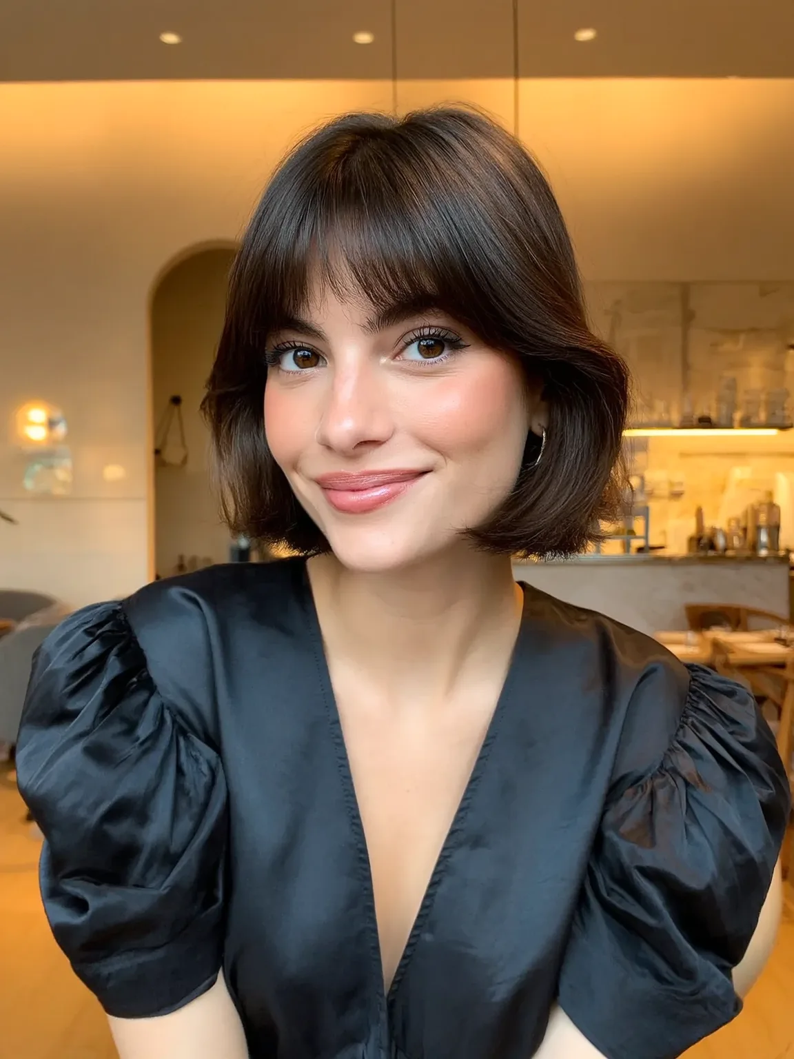Chin-Length Rich Chocolate Brown Bob with Blunt Bangs