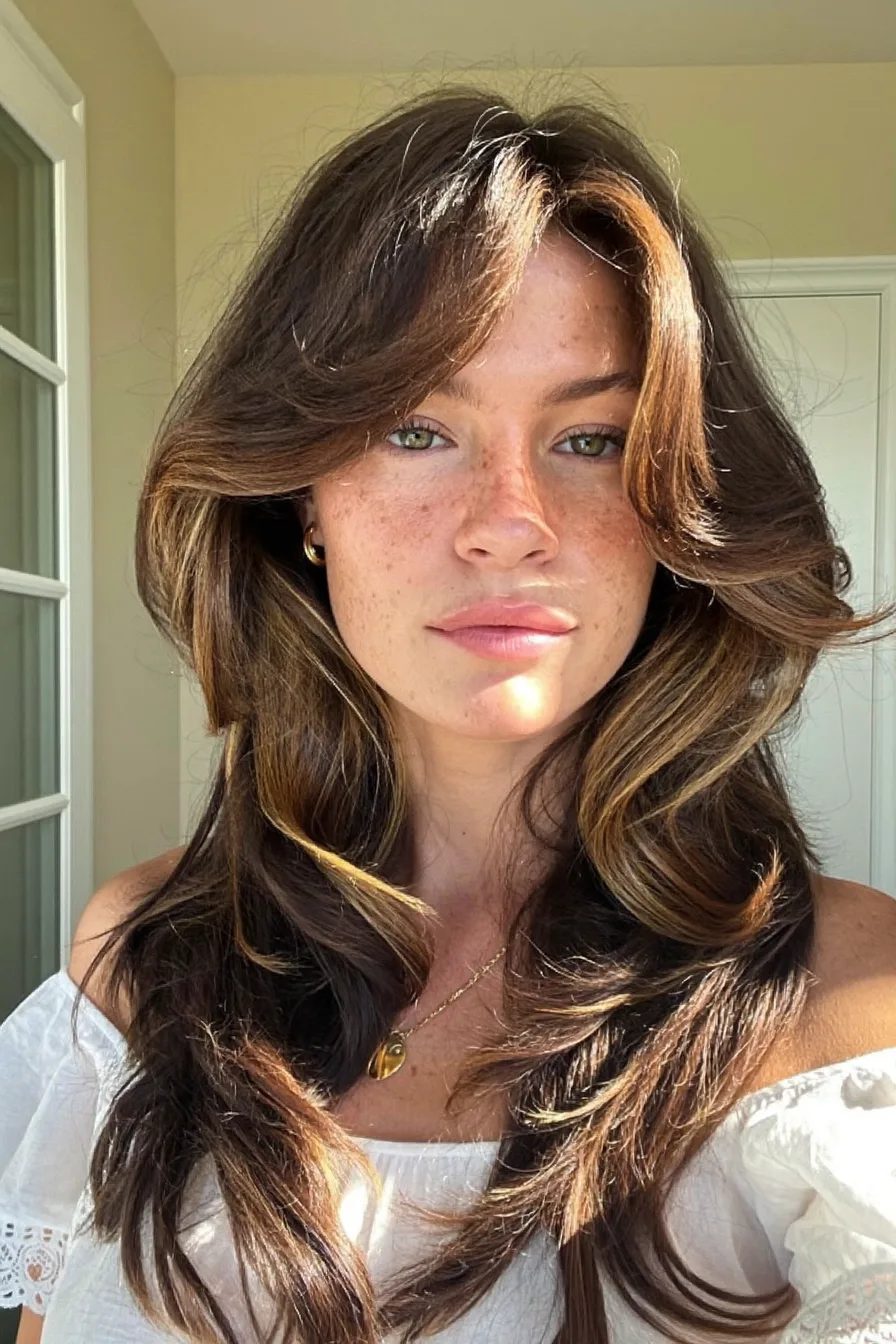 Long Layered Chocolate Cherry Hair with Face-Framing Highlights