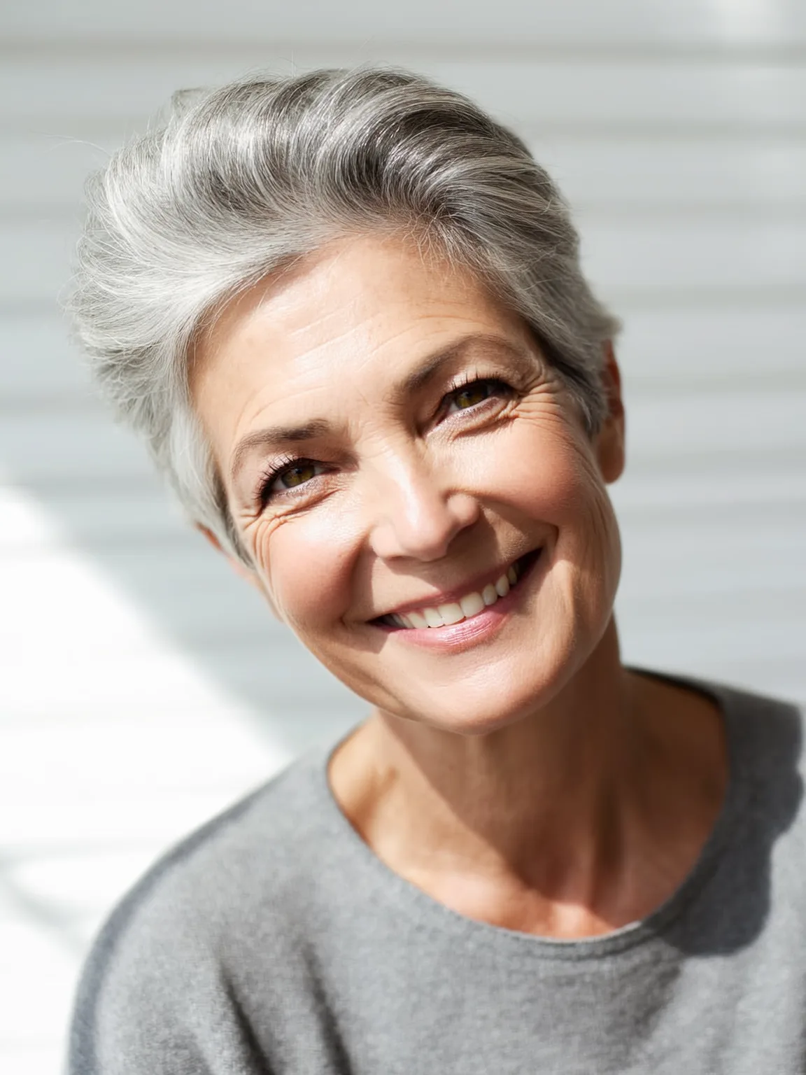 Blow-Dried Silver Gray Straight Pixie with Medium Volume