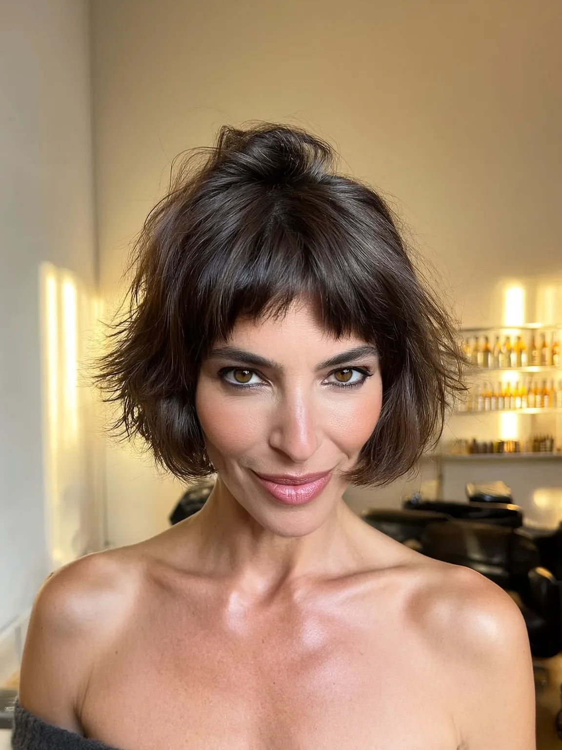 Short Chocolate Brown Bob with Micro Bangs and Waves