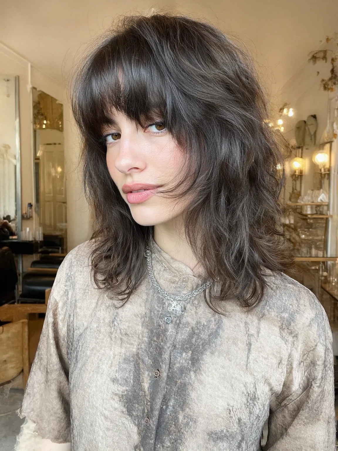 Ash Brown Medium Wavy Shag with Blunt Bangs
