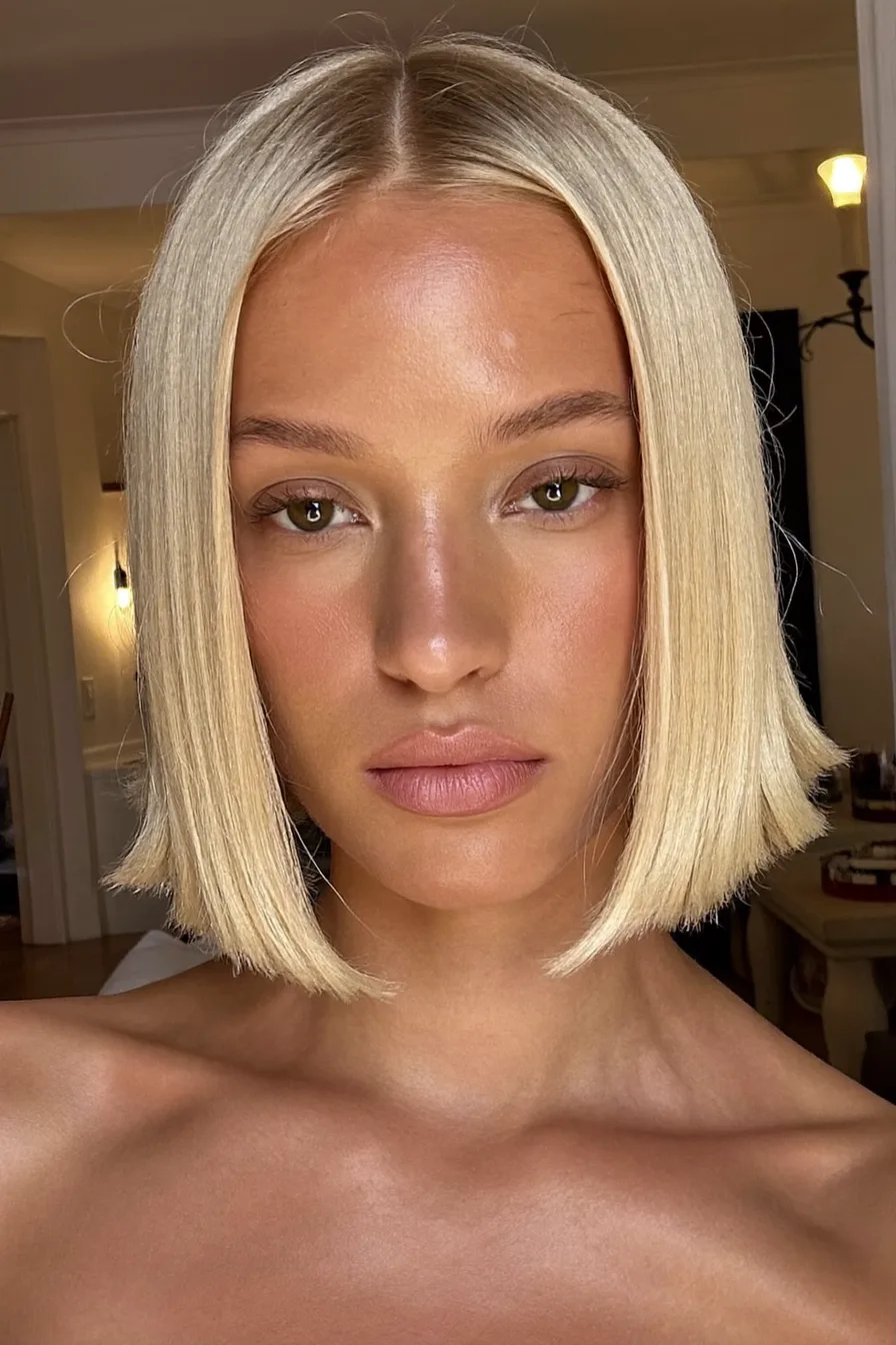 Sleek Center-Parted Bob in Shimmering Chrome Blonde Perfection
