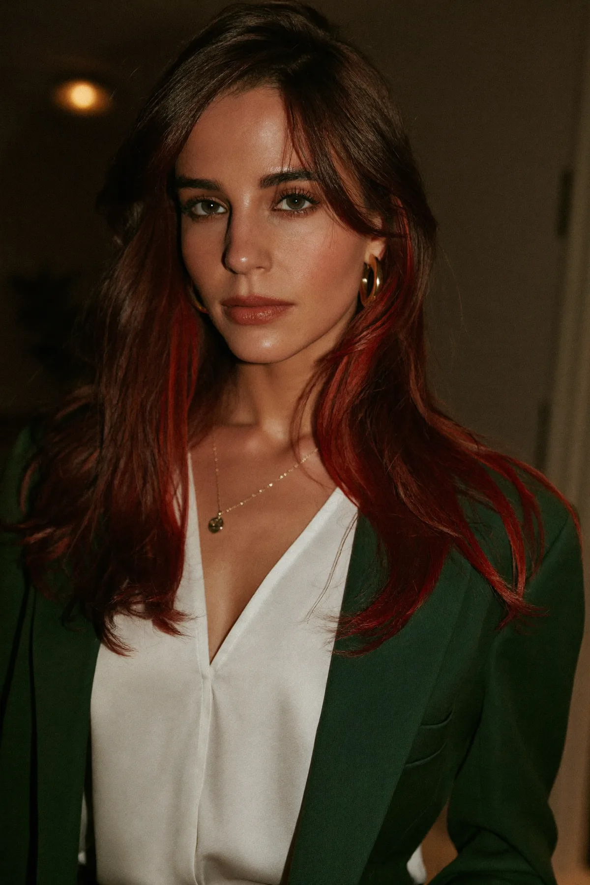 Vivid Red Burgundy Long Layered Cut with Curtain Bangs and Chunky Highlights