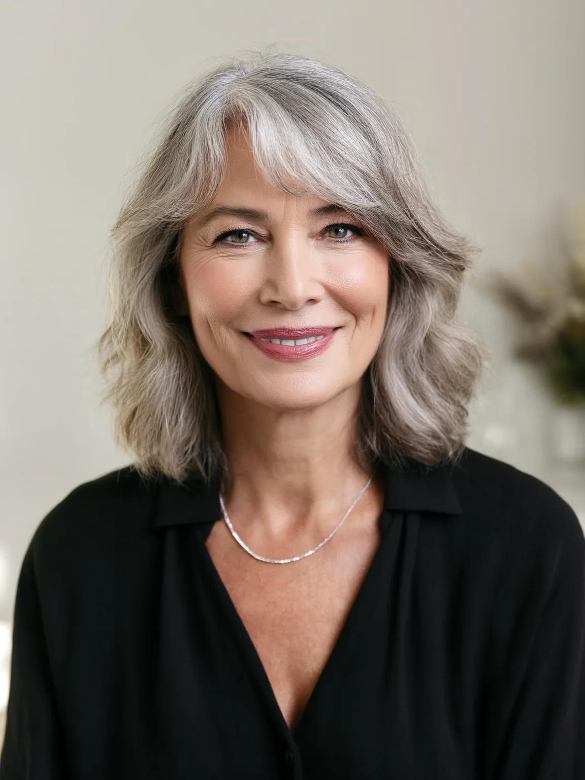 Shoulder-Length Silver Frost Wavy Layers with Curtain Bangs