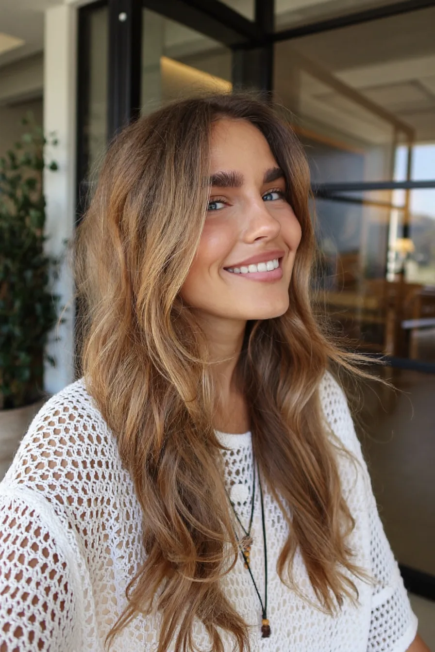 Sun-Kissed Balayage Brunette Long Layered Hair with Natural Waves