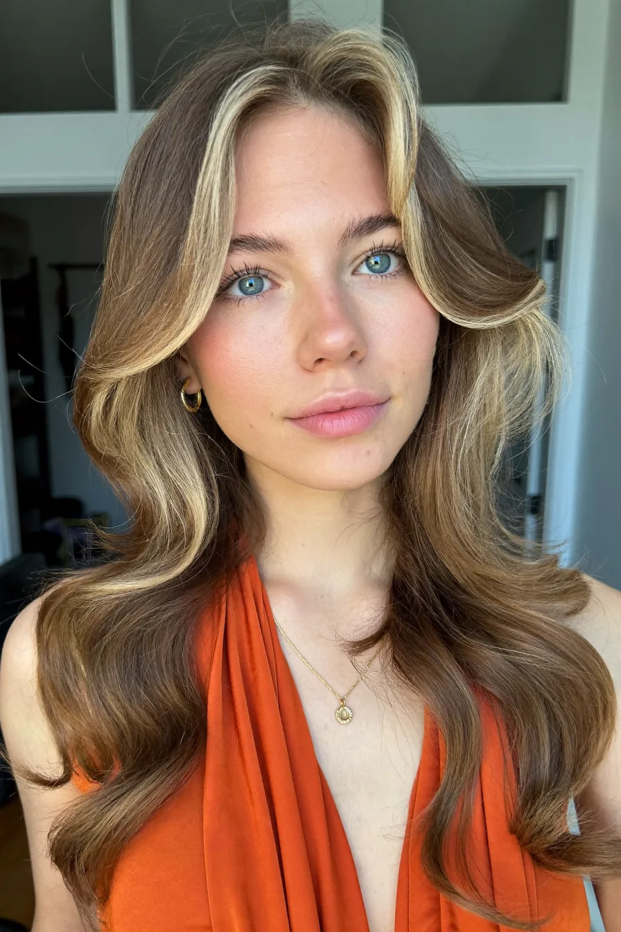 Voluminous Balayage Brunette Long Layered Cut with Face-Framing Highlights