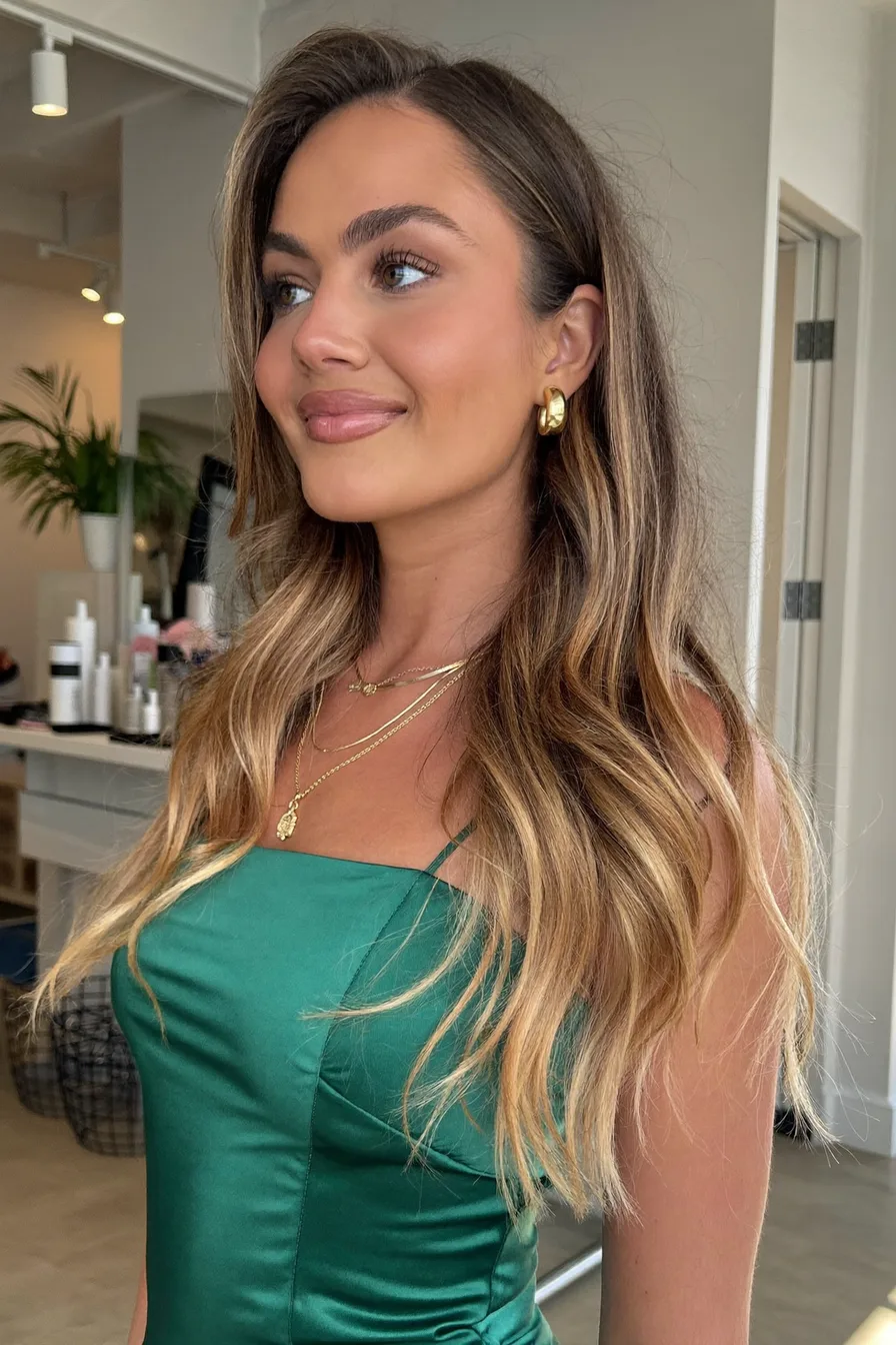 Dimensional Balayage Brunette Long Layered Waves With Face Framing