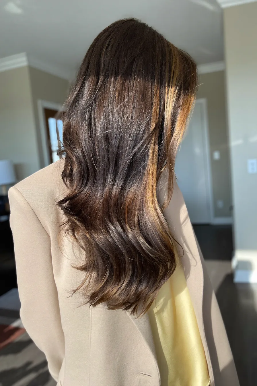Glossy Balayage Brunette Long Layered Waves for Refined Volume