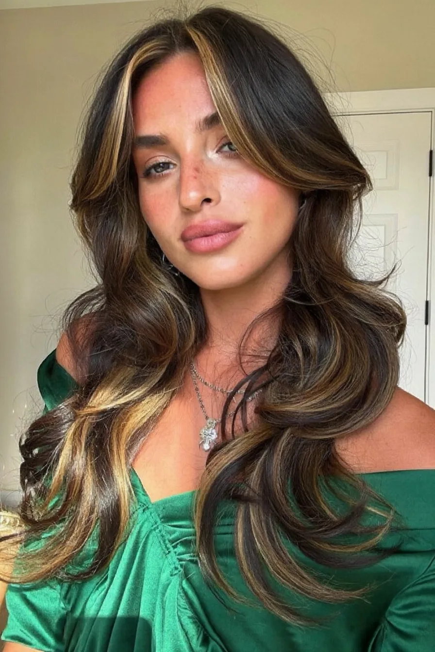 Face-Framing Balayage Brunette Long Layered Hair with Soft Waves
