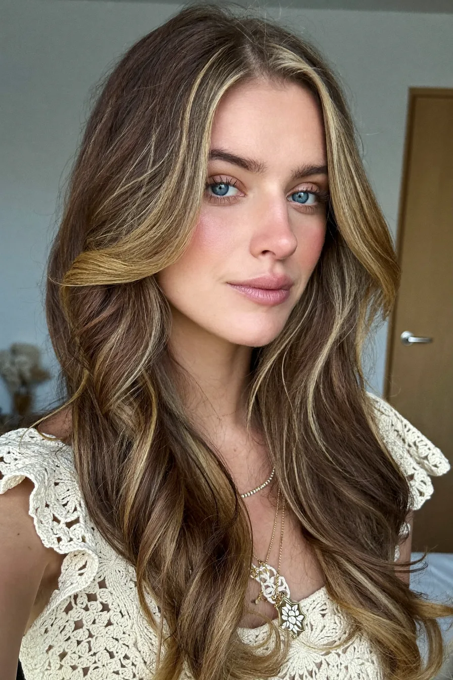 Dimensional Balayage Brunette Long Layered Hair with Face-Framing Highlights