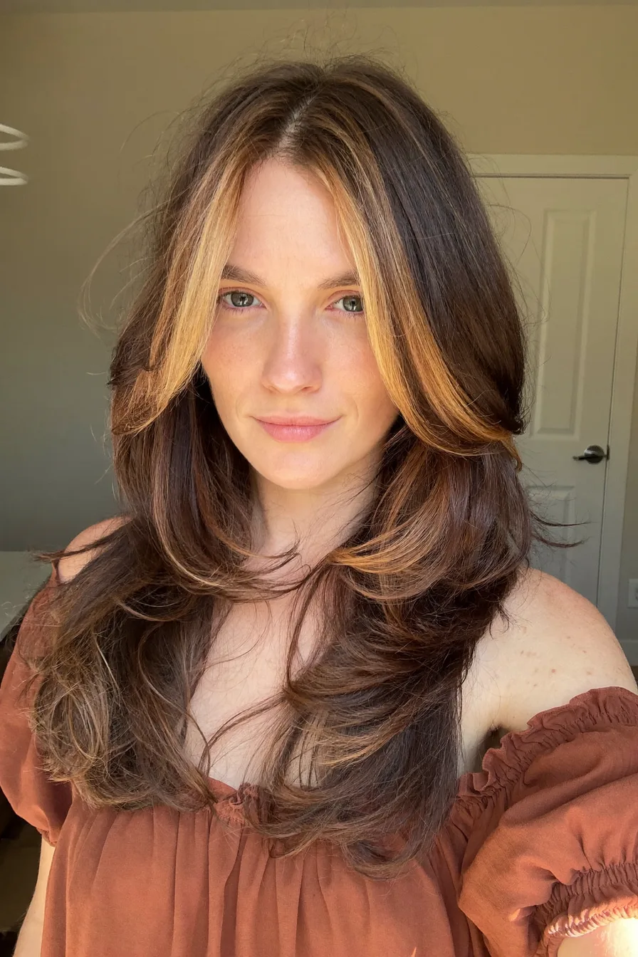 Face-Framing Balayage Brunette Long Layered Cut with Curtain Bangs