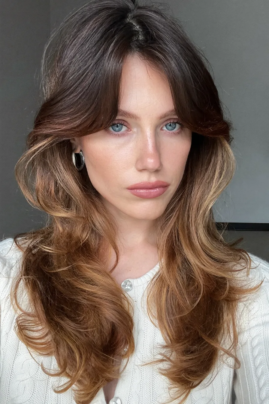 Voluminous Balayage Brunette Long Layered Cut with Soft Face-Framing