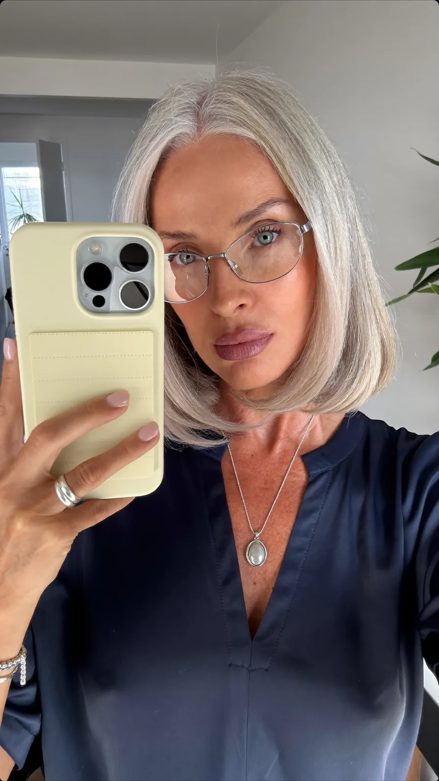 Classic Shoulder-Length Blunt Bob with Platinum Silver Shine