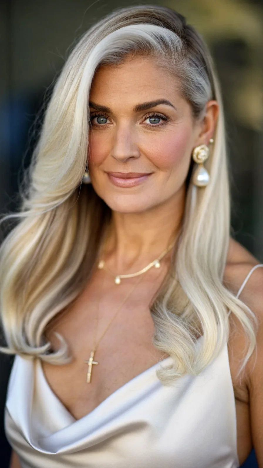 Elegant Long Layers with Platinum Blonde and Side-Swept Bangs