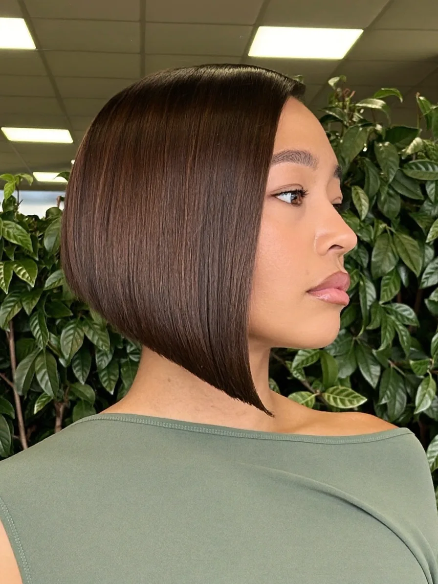 Sleek Chin-Length Dark Brown Inverted Bob Hairstyle