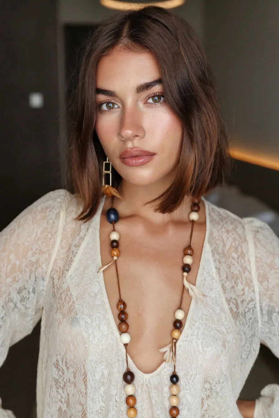 Textured Chin-Length Blunt Bob with Center Parting Style