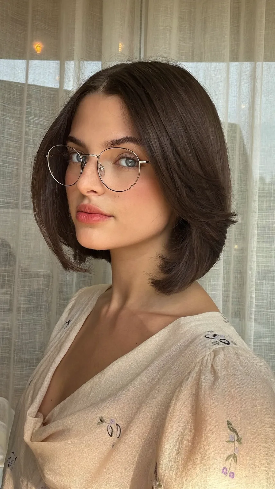 Elegant Feathered Chin-Length Chocolate Brown Bob Hairstyle