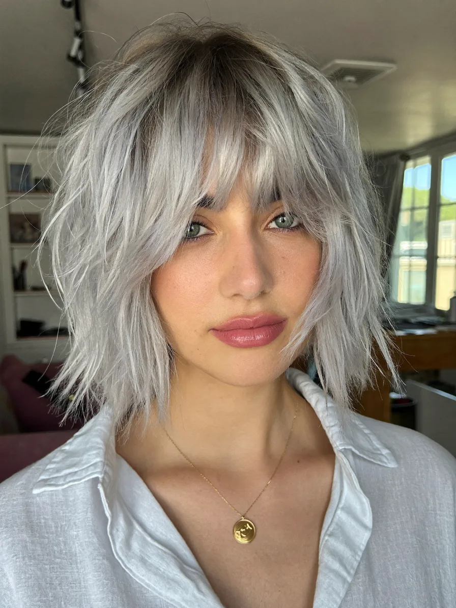 Textured Silver Shag with Curtain Bangs and Choppy Layers