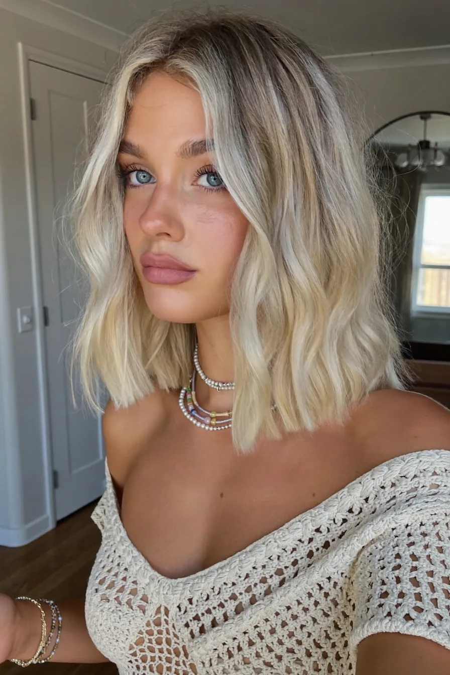 Chic Blunt Lob with Natural Waves and Subtle Balayage Highlights
