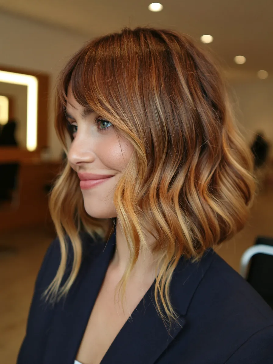 Modern Lob with Curtain Bangs and Warm Blonde Balayage Highlights