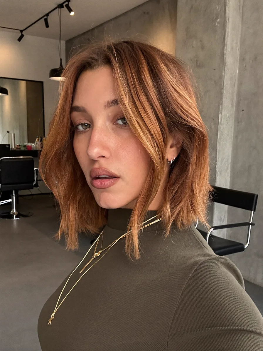 Textured Lob with Curtain Bangs and Warm Copper Highlights
